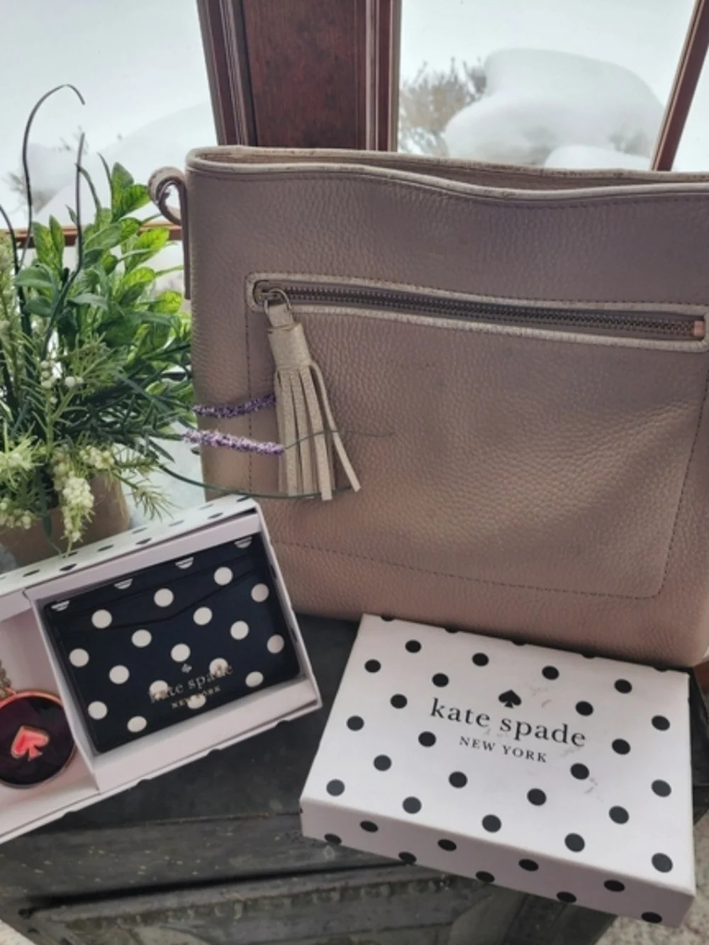 Kate Spade Polka Dot Card Holder & Keychain with Kate Spade Beige Crossbody Bag